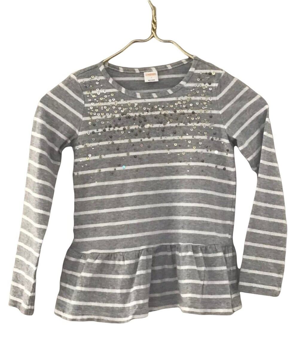 Gymboree Girls Gray Striped Ruffle Hem Blouse Sequin Cotton Size 7 Long Sleeve